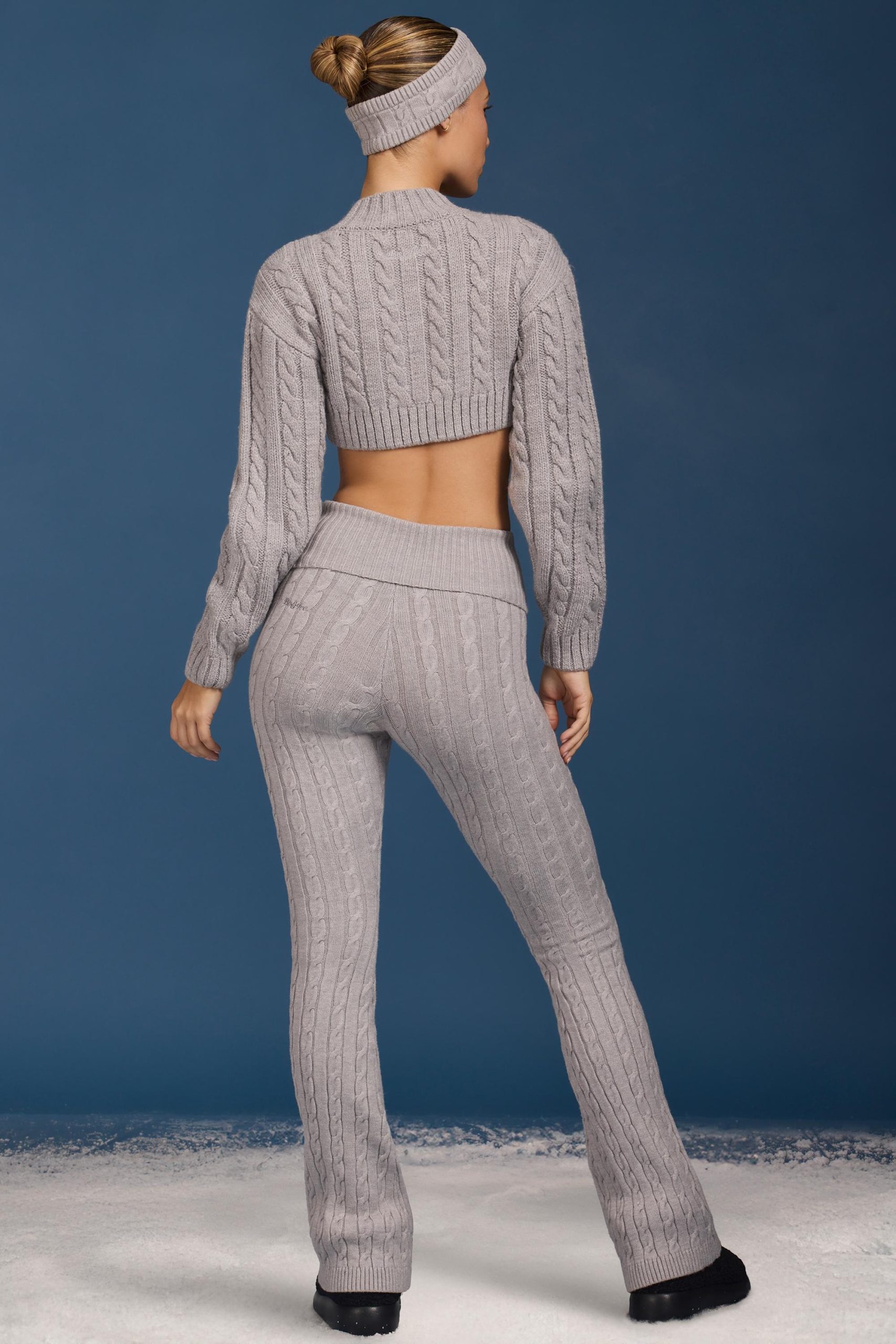 Cable Knit Foldover Flared Trousers in Grey Marl - Image 2