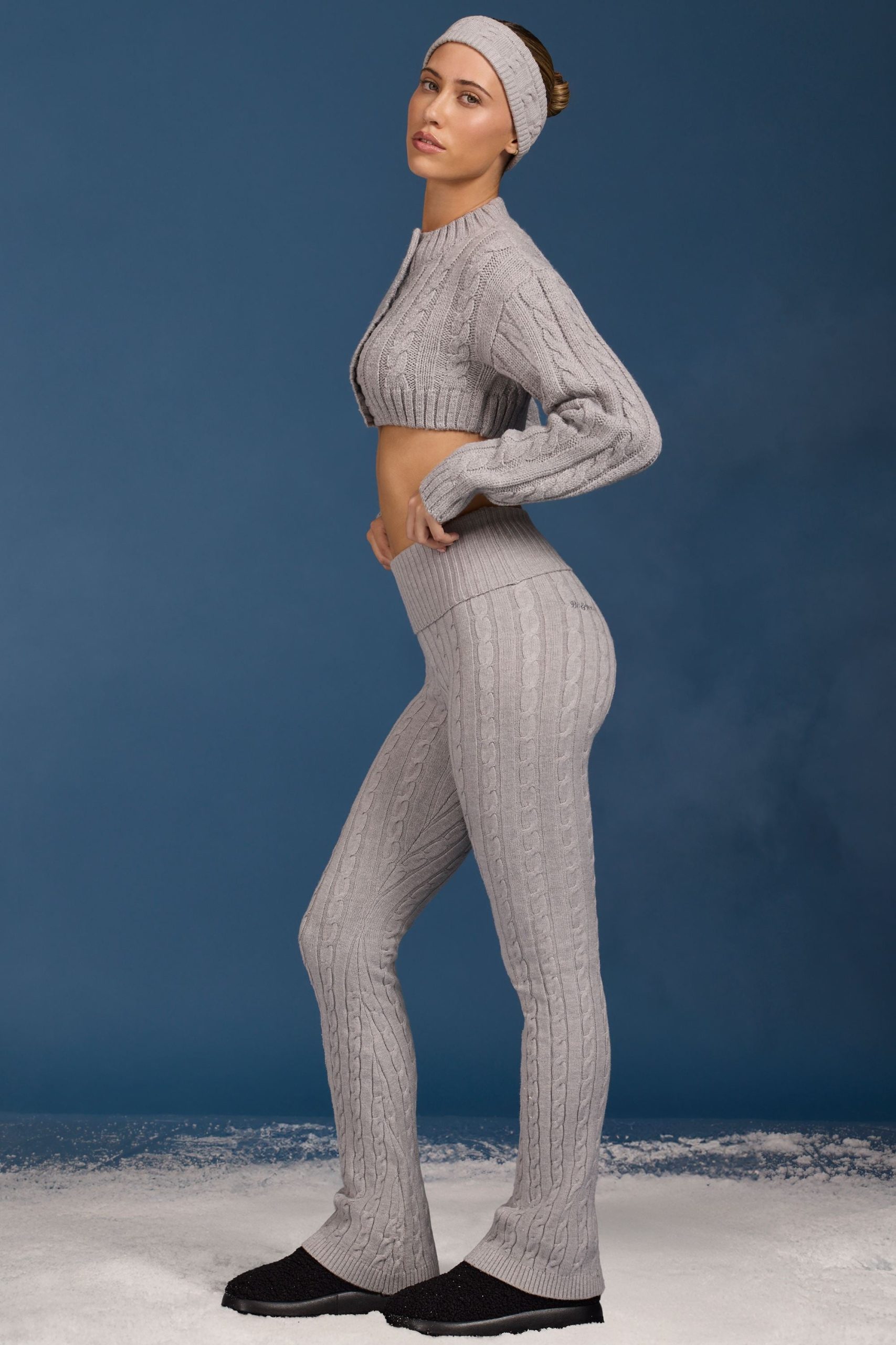 Cable Knit Foldover Flared Trousers in Grey Marl - Image 3
