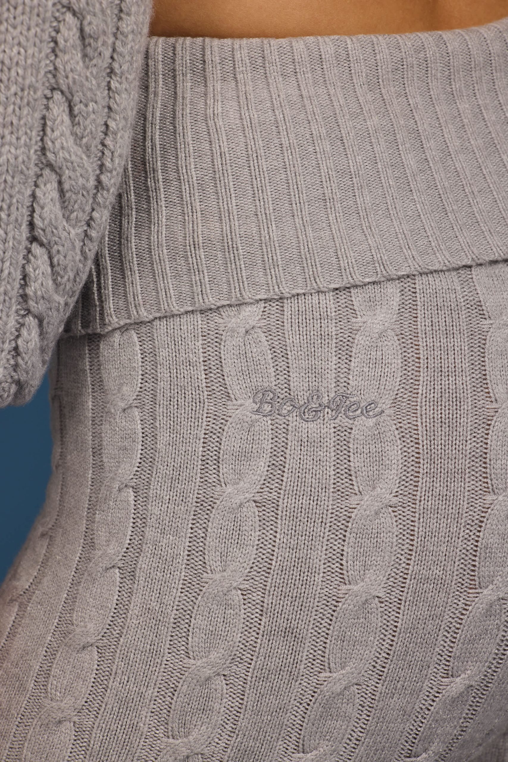 Cable Knit Foldover Flared Trousers in Grey Marl - Image 4