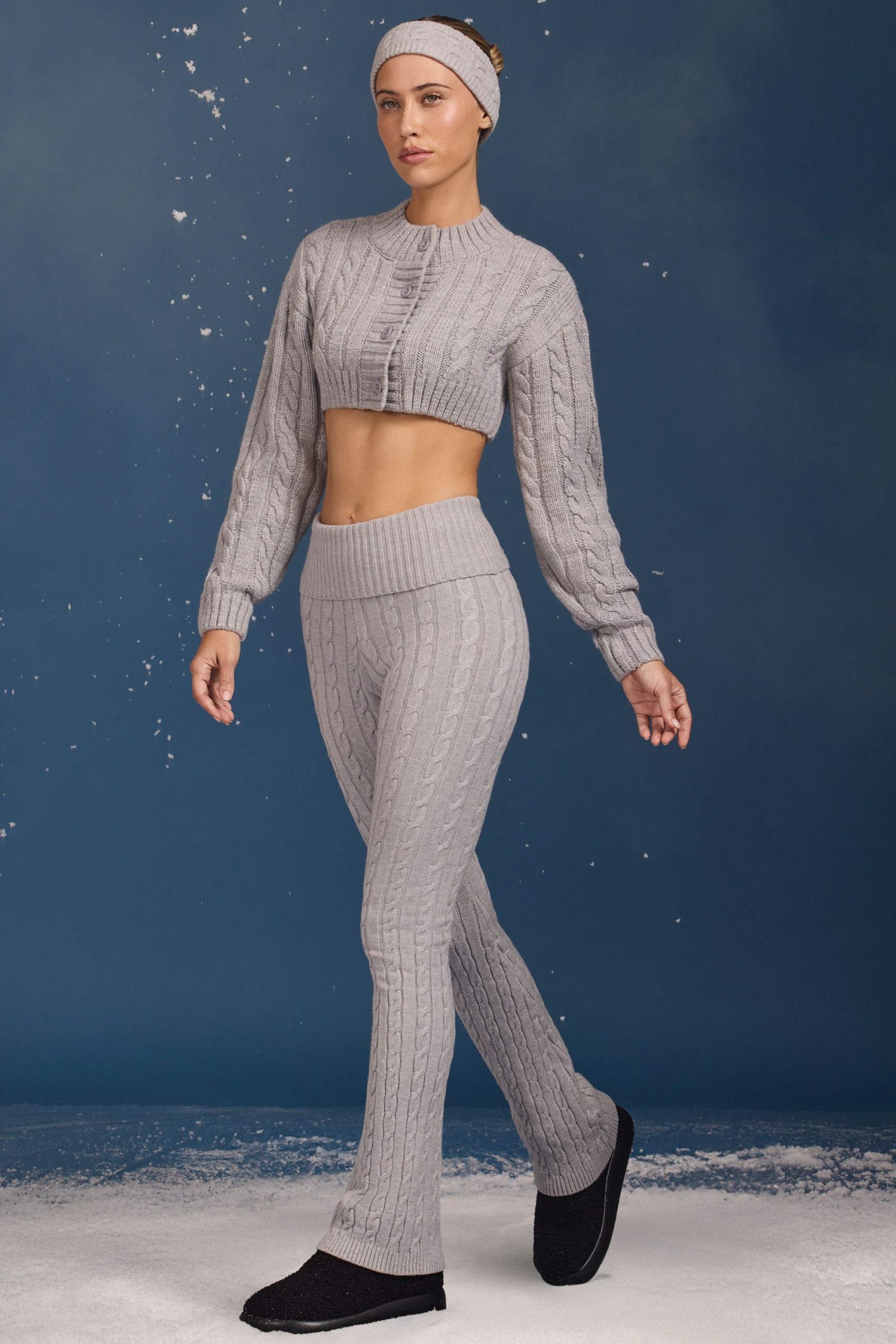 Cable Knit Foldover Flared Trousers in Grey Marl - Image 8