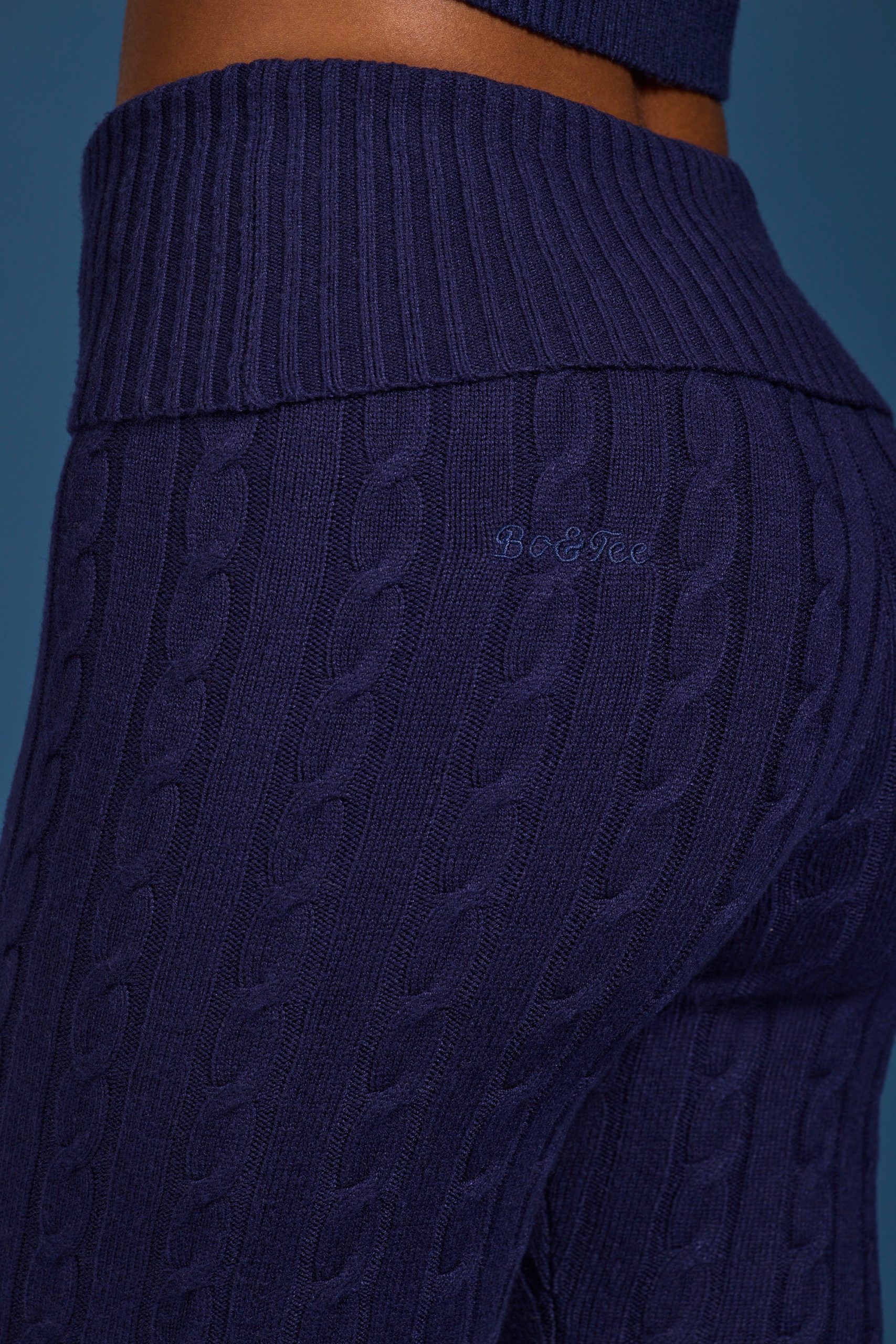Cable Knit Foldover Flared Trousers in Navy - Image 4