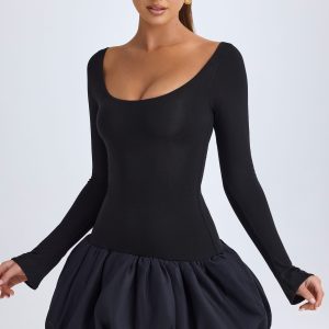 Modal Scoop-Neck Drop-Waist Bubble Hem Mini Dress in Black