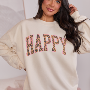 Happy Block Leopard Cream Graphic Sweatshirt