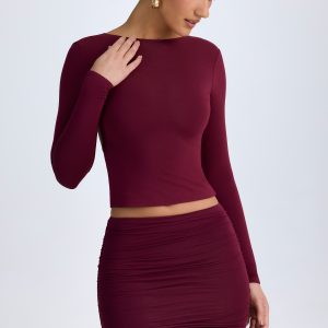 Modal High Neck Long Sleeve Open Back Top in Wine Red