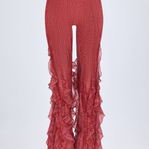 Ruffled Mid-Rise Flared Trousers in Red Print
