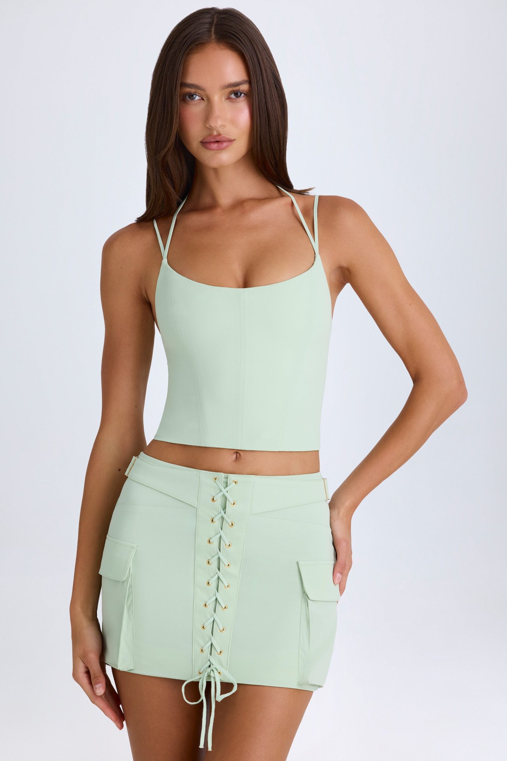 Lace-Up Cargo Micro Mini Skirt in Green - Image 7