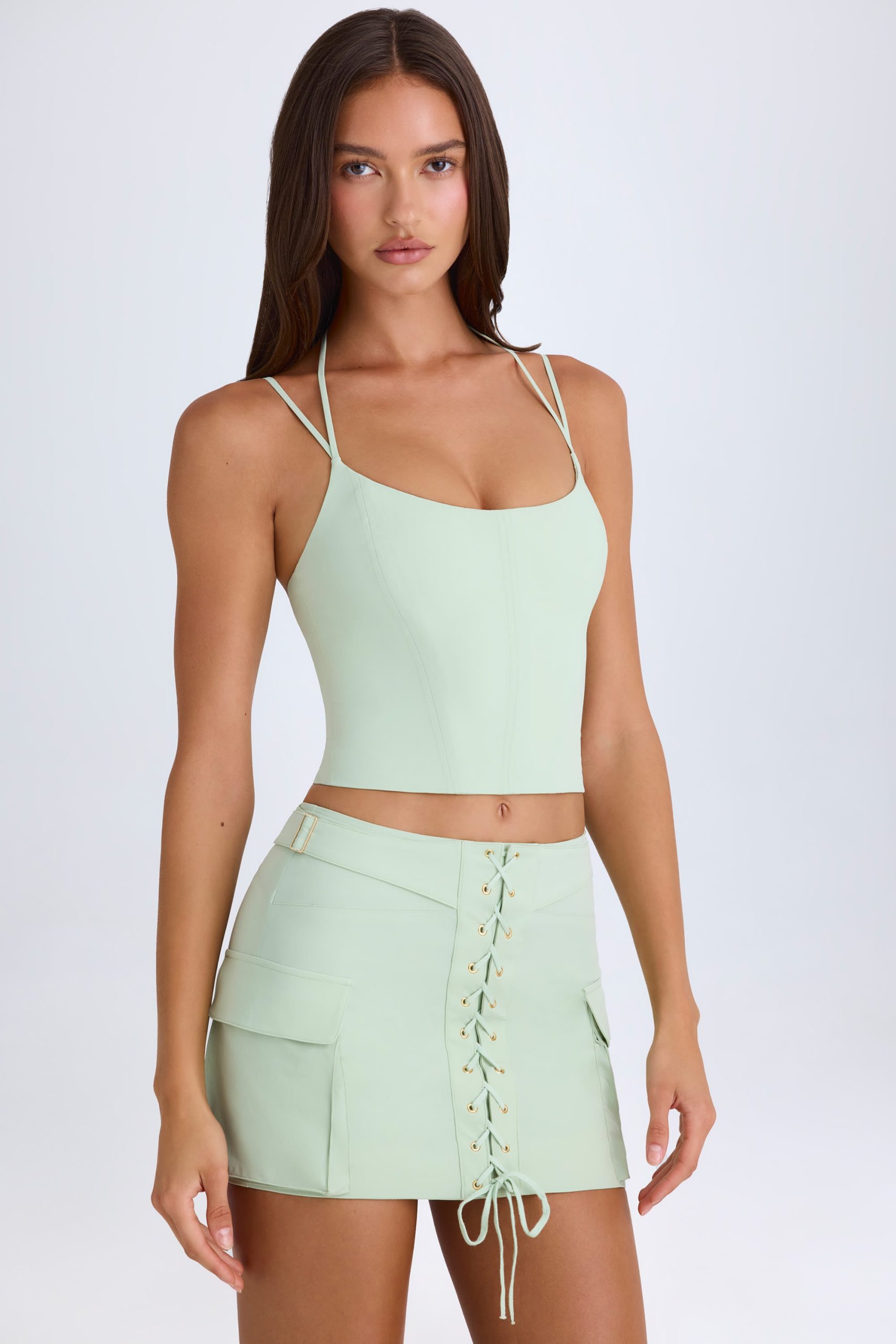 Lace-Up Cargo Micro Mini Skirt in Green - Image 8