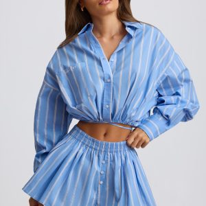 Cotton Poplin Stripe Multiway Cropped Shirt in Blue Stripe