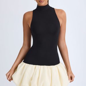 Modal Turtleneck Drop-Waist Bubble Hem Mini Dress in Black