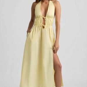 Backless Cotton-Poplin Midaxi Dress in Lemon Yellow