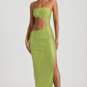 Embellished Cut-Out Bandeau Maxi Dress in Pear Green