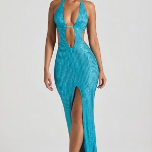 Embellished Cut-Out Halterneck Maxi Dress in Aqua Blue