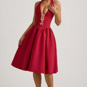 Halterneck Bow-Detail Midi Dress in True Red
