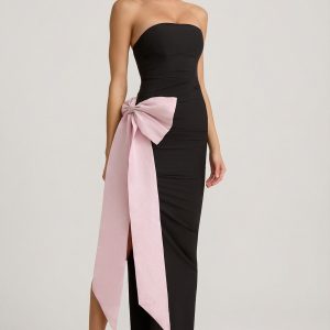 Strapless Bow-Detail Maxi Dress in Black