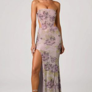 Embellished Cut-Out Fishtail Maxi Dress in Lilac