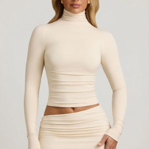 Modal Ruched Backless Turtleneck Top in Ivory
