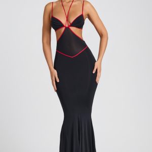 Contrast Binding Cut Out Evening Gown in Black