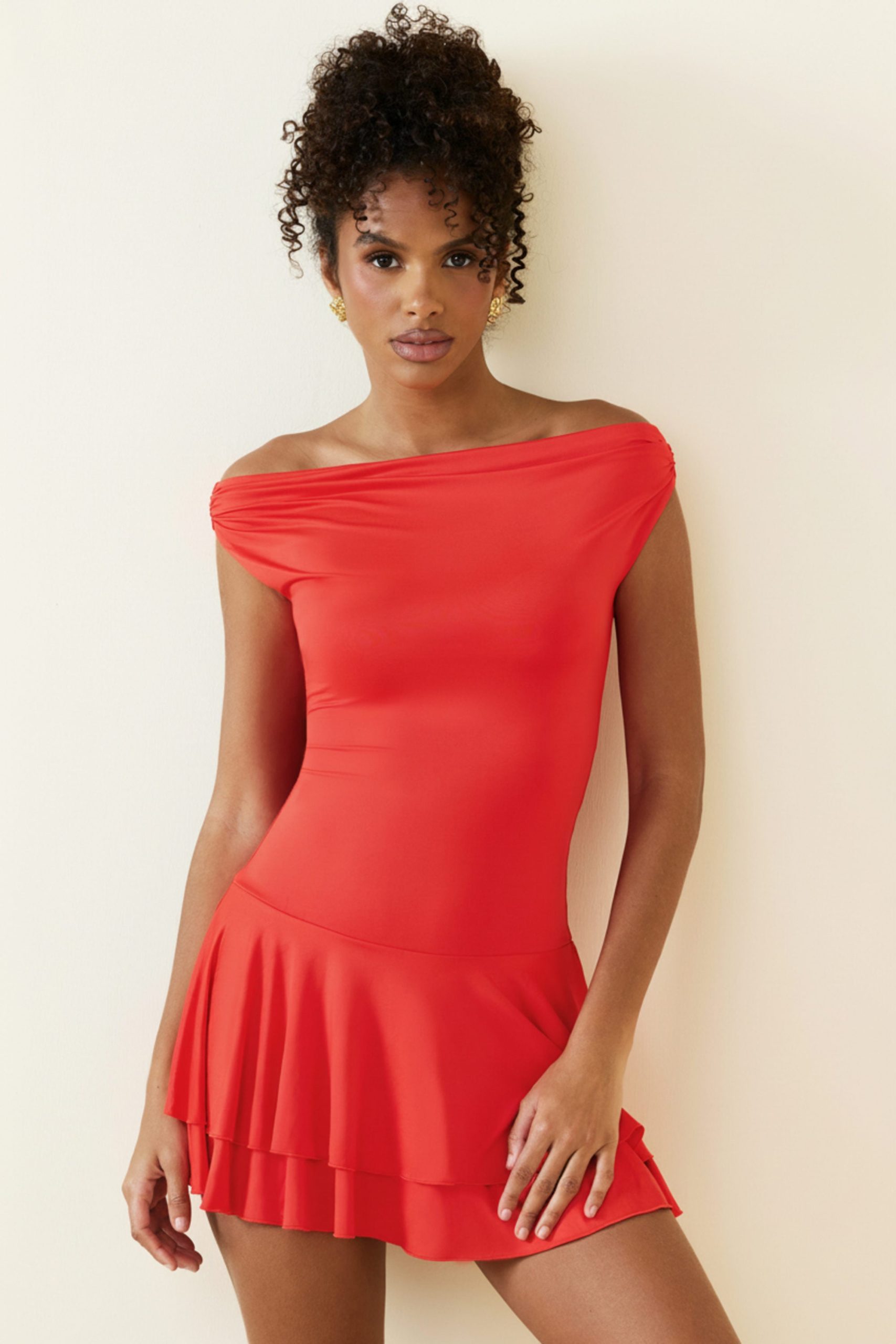Off-Shoulder Ruffled Mini Dress in Scarlet - Image 5