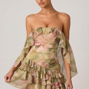 Off-Shoulder Ruffled Mini Dress in Floral Multi Print