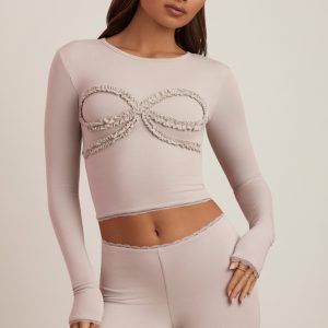 Modal Lace-Trim Appliqu?? Pyjama Top in Cloud Grey