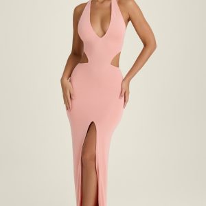 Cut-Out Halterneck Maxi Dress in Apricot Pink