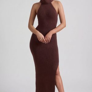 Ribbed-Knit Turtleneck Backless Maxi Dress in Espresso
