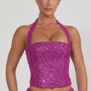 Embellished Halterneck Corset Top in Magenta