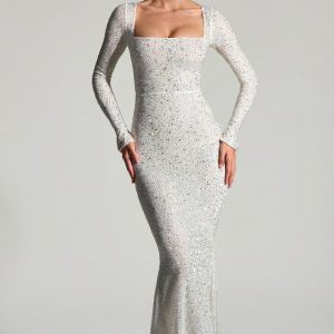 Embellished Long-Sleeve Fishtail Maxi Dress in White