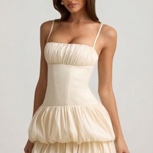 Satin Bubble Hem Corset Mini Dress in Ivory