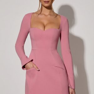 Sweetheart-Neck Long-Sleeve A-Line Mini Dress in Dusty Pink
