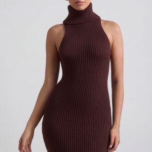 Ribbed-Knit Turtleneck Mini Dress in Espresso
