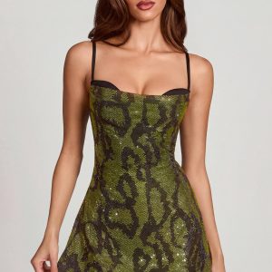Embellished Cowl Neck A-line Mini Dress in Green Snake