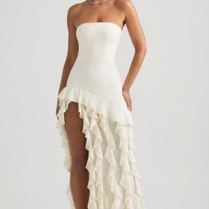 Ruffle-Trim Strapless Gown in Ivory