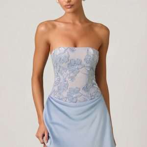 Embellished Draped Strapless A-Line Mini Dress in Sky Blue