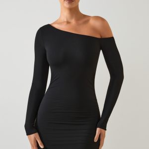 Modal Off-Shoulder Ruched Mini Dress in Black