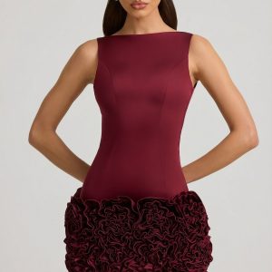 Satin Floral Appliqu?? Open-Back Mini Dress in Wine Red