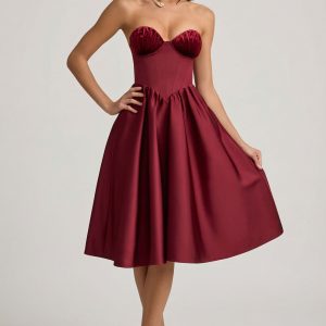 Strapless Corset Midi Dress in Wine Red
