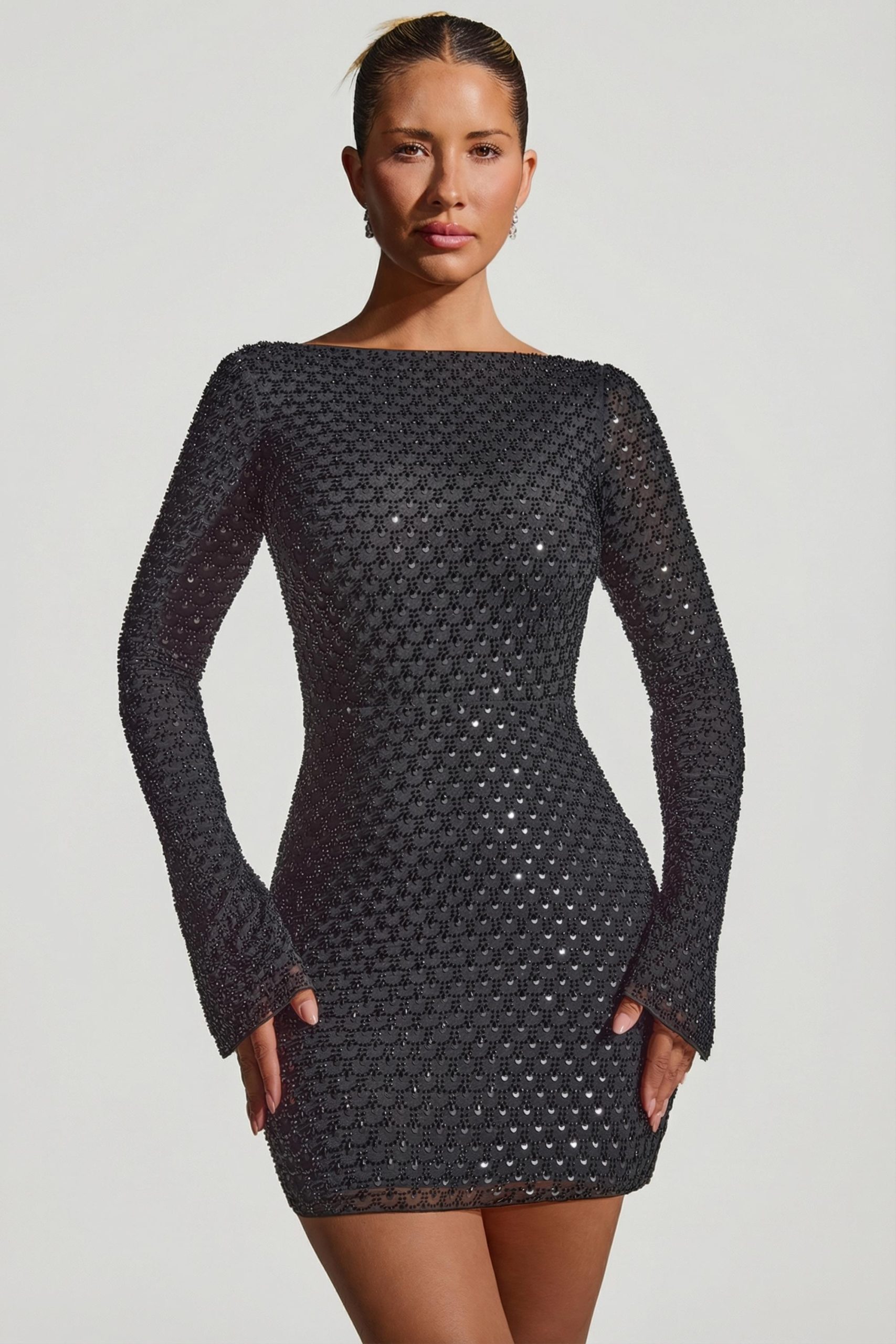 Embellished Open-Back A-Line Mini Dress in Black - Image 6