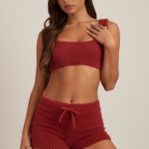 Fluffy Knit Mid-Rise Mini Shorts in Ruby Red