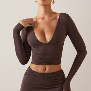 Modal Plunge Long-Sleeve Top in Chocolate Brown
