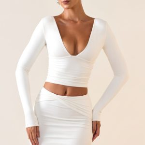Modal Plunge Long-Sleeve Top in White