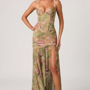 Ruched Asymmetric Corset Gown in Floral Multi Print