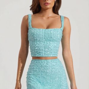 Embellished Low-Rise Mini Skirt in Aqua Blue