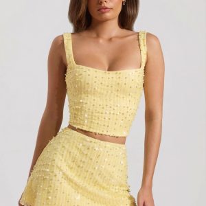 Embellished Low-Rise Mini Skirt in Yellow