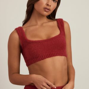 Fluffy Knit Scoop-Neck Bralette in Ruby Red