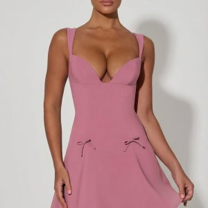 Bow-Detail A-Line Mini Dress in Dusty Pink
