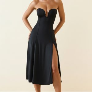 Slinky Jersey Strapless A-Line Midaxi Dress in Black