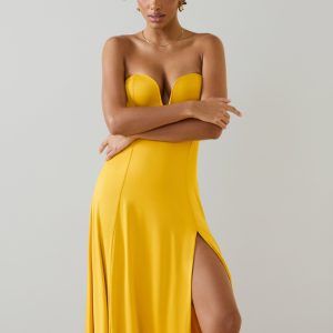 Slinky Jersey Strapless A-Line Midaxi Dress in Golden Yellow