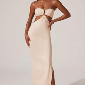 Ruched Hardware Detail Bandeau Floor Length Dress in Ivory