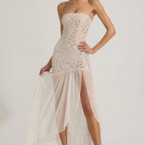 Semi-Sheer Embellished Asymmetric Maxi Dress in White